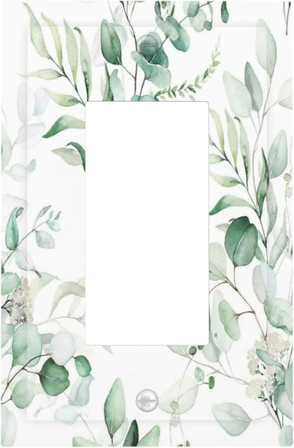 Boho Green Eucalyptus Leaf Floral Plants Flowers Decorative Outlet Covers 1 Gang Single Rocker Light Switch Cover Plate Wall Plates GFCI Faceplate for Bed Room Living Room Decor