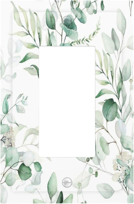 Boho Green Eucalyptus Leaf Floral Plants Flowers Decorative Outlet Covers 1 Gang Single Rocker Light Switch Cover Plate Wall Plates GFCI Faceplate for Bed Room Living Room Decor
