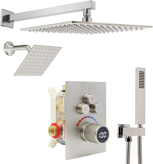 Digital Display Dual Head Shower system Rain Shower System Shower Wall Mount 10 Inch Ceiling Shower Head with 6 Inch Shower Head with shower handheld(Brushed Nickel)