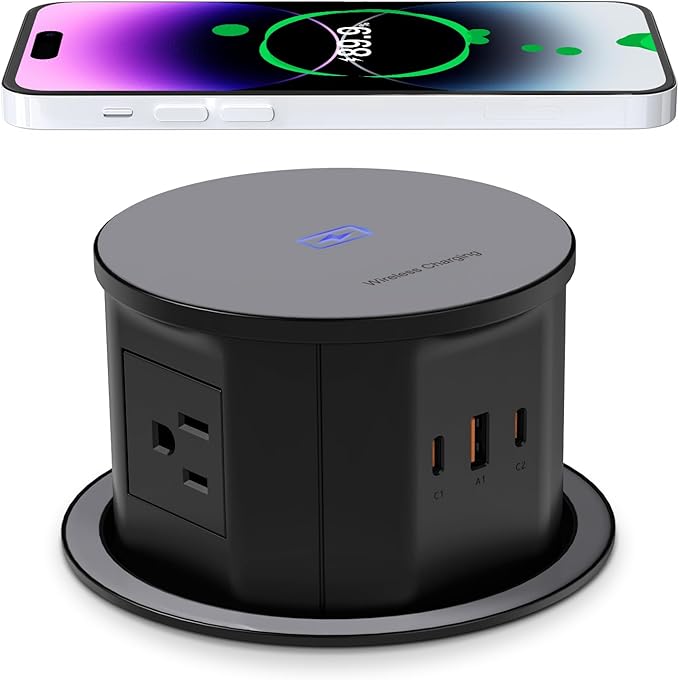 ANNQUAN 4.75" Pop Up Outlet with 65W USB-C,15W Wireless Charger,4 Outlets,3 USB Ports,Pop Up Countertop Receptacle Outlet for Home Office Kitchen