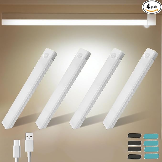 4 PCS Punch-Free Smart Sensor Magnetic Rechargeable Led Lights, Punch Free Smart Sensor Magnetic Light, USB C Rechargeable Closet Under Counter Lighting for Kitchen, Wardrobe (3.9in White Light)
