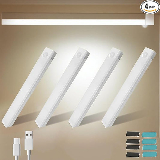 4 PCS Punch-Free Smart Sensor Magnetic Rechargeable Led Lights, Punch Free Smart Sensor Magnetic Light, USB C Rechargeable Closet Under Counter Lighting for Kitchen, Wardrobe (3.9in White Light)