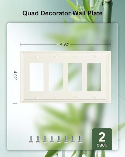 2-Pack Quad Decorator Outlet Cover Plate, Light Almond Modern Decorative Switch Plates and Outlet Covers, Natural Bamboo Fiber Wall Plates for Electrical Outlets