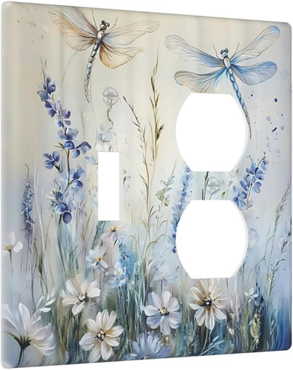 Decorative Outlet Covers Watercolor Dragonfly Blue Wihte Flower 2 Gang Light Switch Cover Plate Single Toggle Duplex Wall Plates for Electrical Outlets Switch Plate Covers for Bedroom Decor