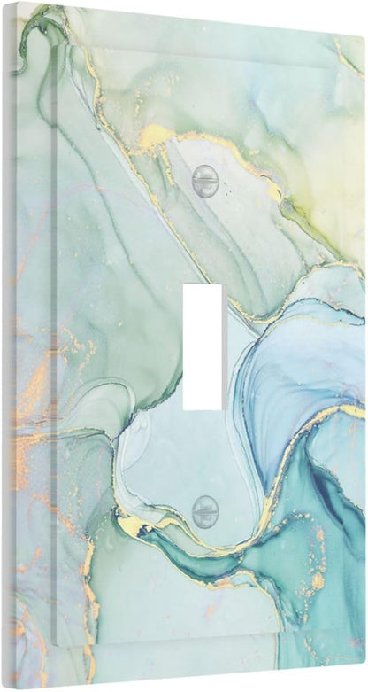 Decorative Light Switch Cover Teal Gold Marbling Turquoise 1 Gang Single Toggle Device Electrical Faceplate Switchplates Decorator Outlet Wall Plate for Bathroom living Room Decor