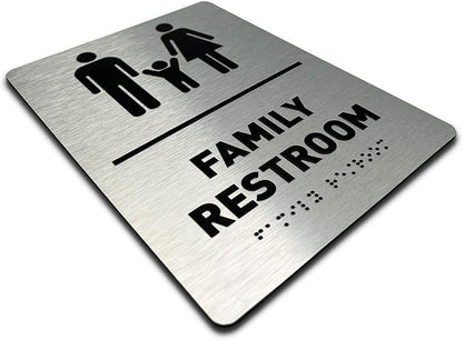 Family Bathroom Sign by GDS - ADA Compliant, Wheelchair Accessible, Raised Icons, & Grade 2 Braille - Includes Adhesive Strips for Easy Installation - Bathroom Signs for Business, Restroom Sign, Restroom Signs for Business - 6" W x 8" H (Brushed Alumin...