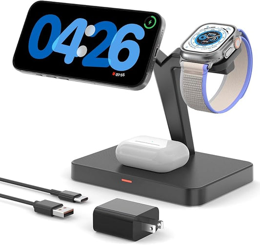 3-in-1 Magnetic Charging Station for Apple: CIYOYO Wireless Fast Charger Stand for iPhone 16/15/14/13, Apple Watch/AirPods Portable Charging Pad for Office Bedside Gift