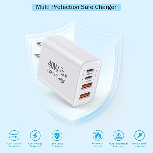 USB C Charger Block, 2Pack 40W 4-Port USB C iPhone Charger Fast Charging Plug Dual Port PD Power Adapter + QC Double Block Multi-port Brick Type C Box Plug for iPhone 16/15/14/13/12/11/Pro Max/XS,iPad