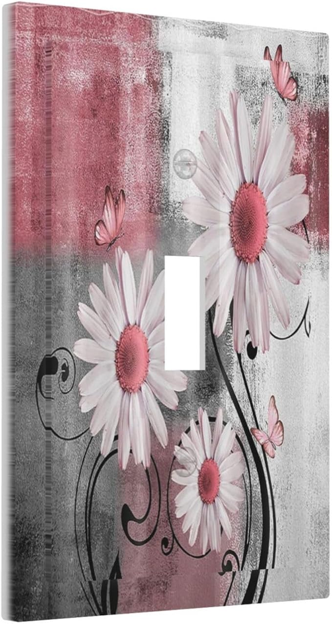 Decorative Light Switch Cover Pink Floral Rustic Daisy Flower And Butterfly 1 Gang Single Toggle Decorator Outlet Wall Plate Device Electrical Faceplate Switchplates for Farmhouse Cabin Decor