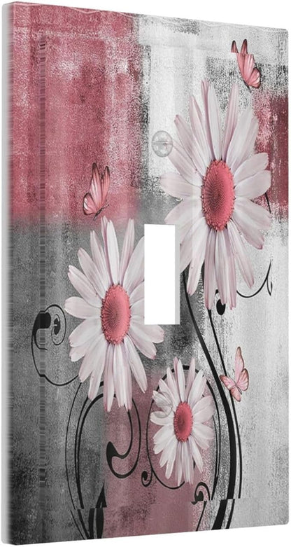 Decorative Light Switch Cover Pink Floral Rustic Daisy Flower And Butterfly 1 Gang Single Toggle Decorator Outlet Wall Plate Device Electrical Faceplate Switchplates for Farmhouse Cabin Decor