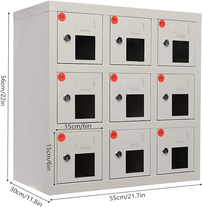 9 Door Cell Phone Locker with Charging Station, Rechargeable Mobile Device Phones Storage Cabinet with Anti-Interlocking Lock for Office Classroom Hotel (9 Slots)