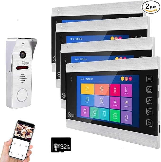 WiFi Video Intercom System with 1080P 160°Wide HD Camera 7 lnch Wired Screen Monitor with Night Vision Motion Detect for Vally Apartment,Tuya (one doorbell,Four Monitor)