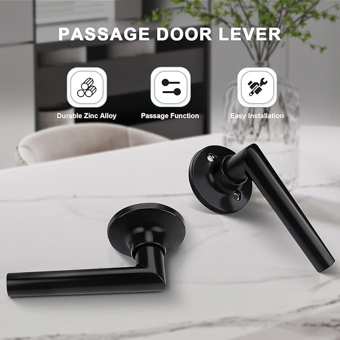 GOBEKOR 5 Pack Matte Black Door Handles Interior,Heavy Duty Passage Door Handles Interior Door Levers for Hallway and Closet, Modern Sleek Round Door Locks
