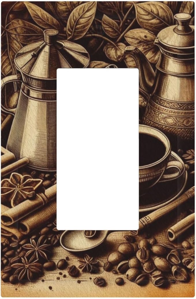 Decorative Outlet Covers Vintage Coffee Beans Leaf Cup 1 Gang Single Decora GFCI Device Light Switch Covers Plate 1 Rocker Wall Plate Jumbo Faceplate for Kitchen Decor