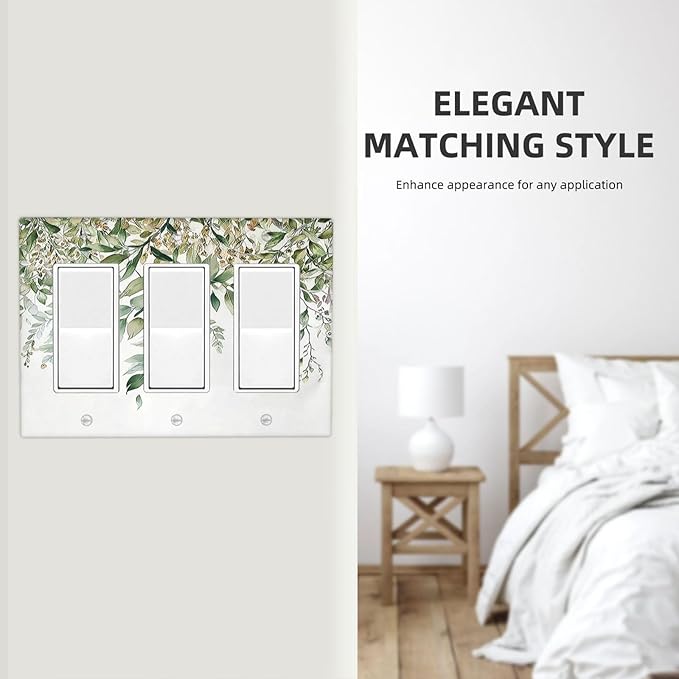 Light Switch Covers Sage Green Eucalyptus Watercolor Plant Leaves 3 Gang Rocker Electrical GFCI Decorative Triple Outlet Wall Plate Cover Switchplate for Bedroom Bathroom Decor