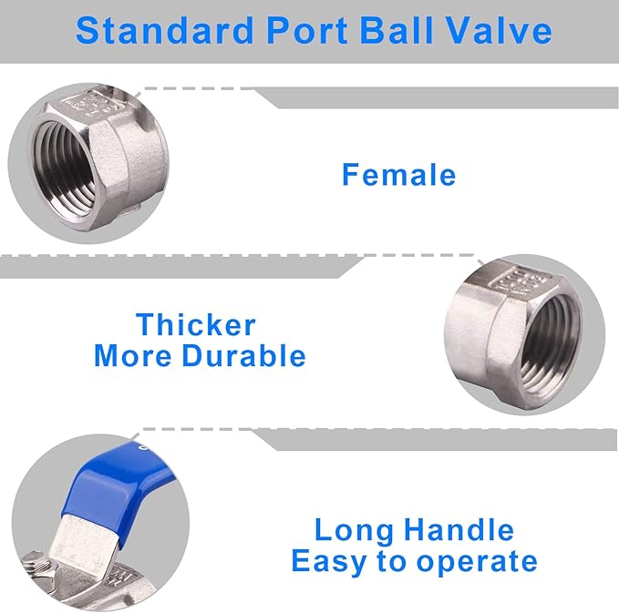 DERNORD Stainless Steel Ball Valve 1PC Type 0.5 Inch NPT Standard Port for Water, Oil, and Gas (Pack of 2)