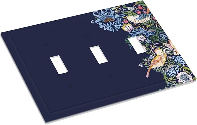 Decorative Light Switch Cover Plate Vintage Blue Morris Strawberry Thief Bird Flower 3 Gang Wall Plate Oversized Triple Toggle Switch Cover Plate Jumbo Faceplate