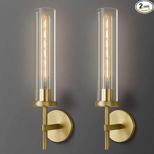 Gold Wall Sconces Set of Two, 19.48" Knurled Gold Wall Lighting with Glass Tube, Modern Brass Sconces Wall Lamp for Bedroom Living Room Bathroom Hallway Staircase & Vanity Mirror(Including Bulb)