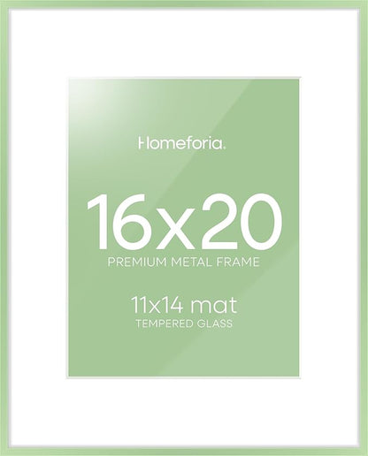 Homeforia 16x20 Sage Green Picture Frame, High End Metal 16x20 Poster Frame with Mat 11x14 inch Photo, 16 x 20 Sage Green Frame Matted to 11 by 14 Art, 20x16 Frame, Tempered Glass, Wall Kit, Set of 1