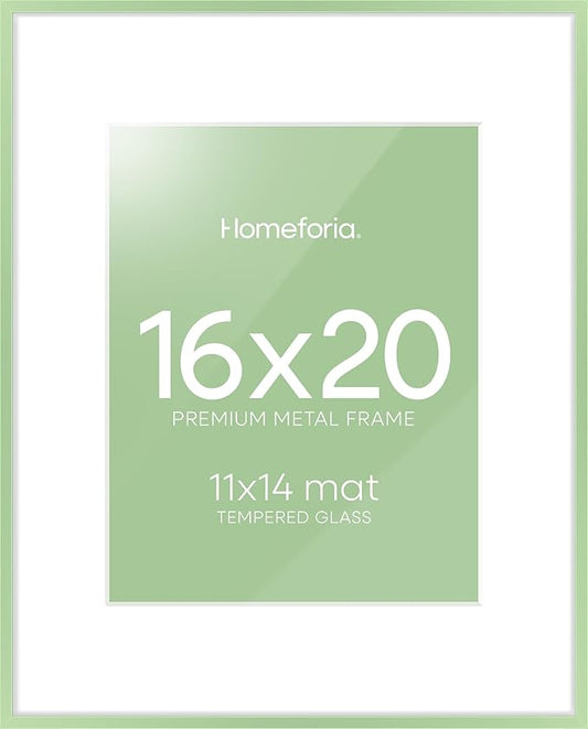 Homeforia 16x20 Sage Green Picture Frame, High End Metal 16x20 Poster Frame with Mat 11x14 inch Photo, 16 x 20 Sage Green Frame Matted to 11 by 14 Art, 20x16 Frame, Tempered Glass, Wall Kit, Set of 1