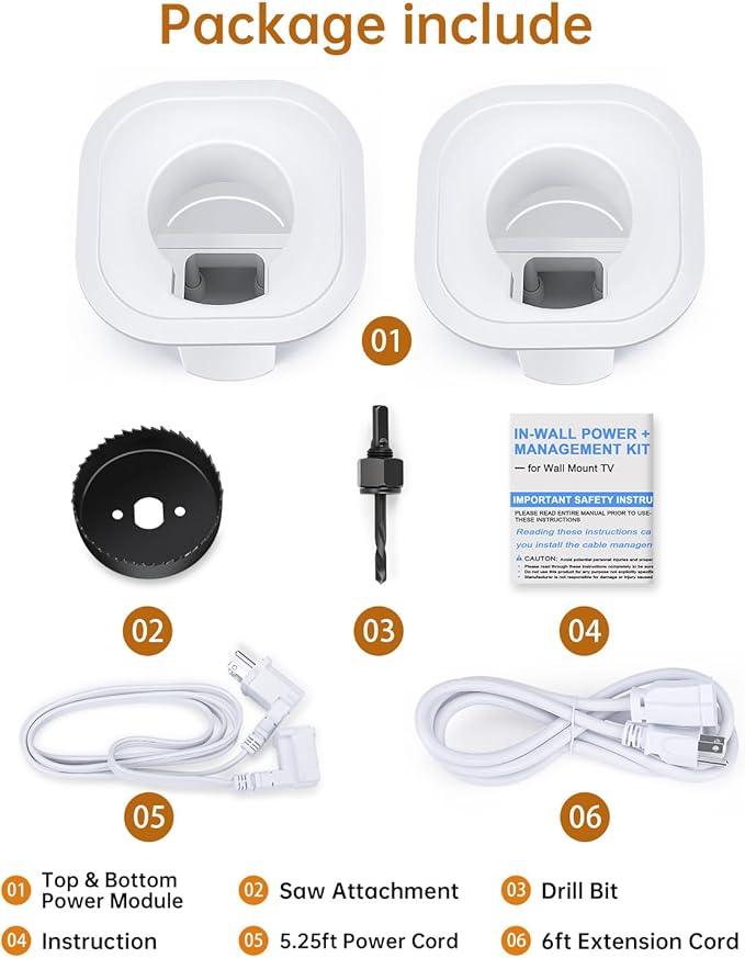 in-Wall Cable Management Kit, Wire Hider for Power & Low Voltage Cables, TV Cord Hider for Wall Mounted TV, TV Cable Hider Wall Kit, Includes Hole Saw Drill Attachment