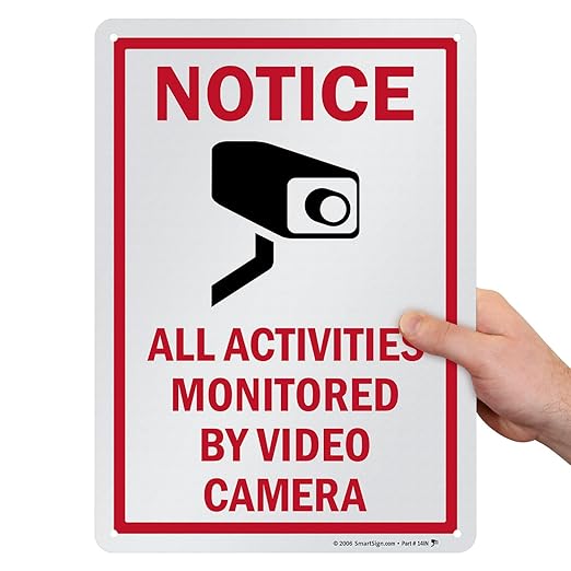 SmartSign 14 x 10 inch “Notice - All Activities Monitored By Video Camera” Metal Sign, 40 mil Laminated Rustproof Aluminum, Red, Black and White, Made in USA