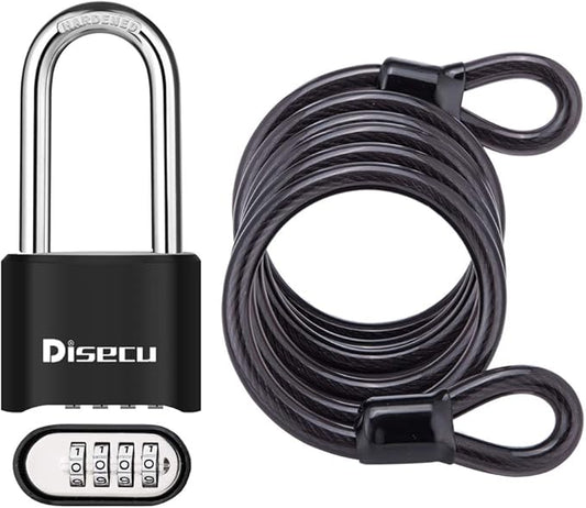 1 Pack disecu Heavy Duty 4 Digit Combination Lock, 2.5 Inch Long Shackle Outdoor Waterproof Padlock with Steel Cable for Bike, Gate, Fence (Black)