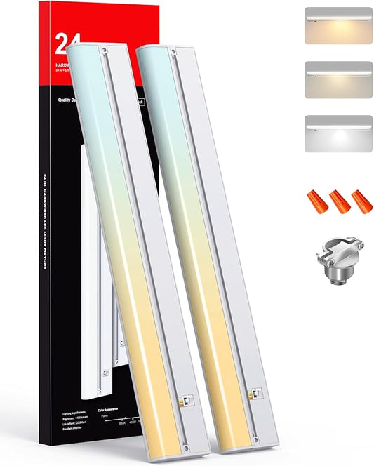 Hardwired Under Cabinet Lighting 24 Inch, 3 Color Settings - Soft White(3000K), Bright White(4000K), Daylight White(5000K), 2 Pack Linkable Dimmable Under Counter Lights for Kitchen, CRI 97