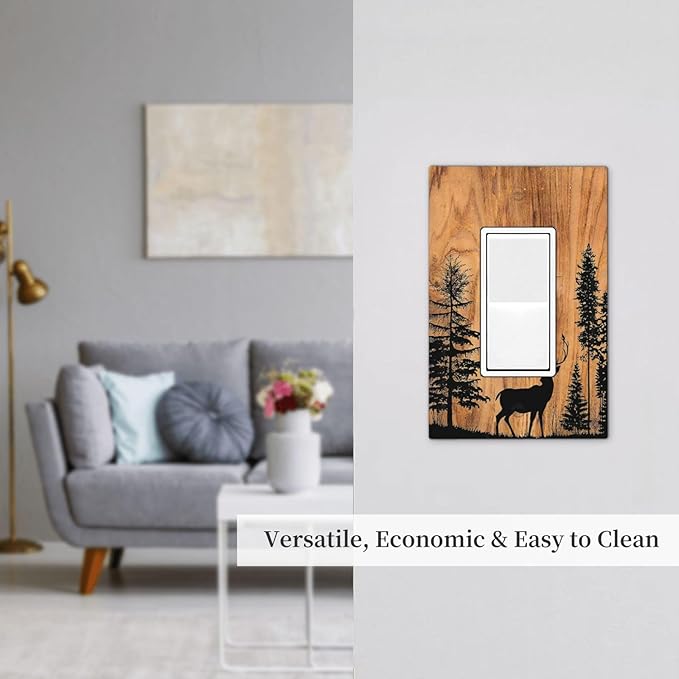 Decorative Outlet Covers Rustic Farmhouse Orange Brown Pine Tree Deer Wood Grain 1 Gang Single Rocker Light Switch Cover Plate Wall Plates GFCI Faceplate for living Room Cabin Decor