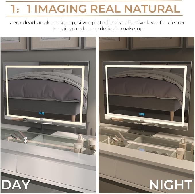 Vanity Mirror with Lights, 23.27 x 17.7 Inch LED Makeup Mirror, Lighted Makeup Mirror with Dimmable 3 Modes, Smart Touch Control, Aluminum Frame and Tempered Glass Base, Bronze