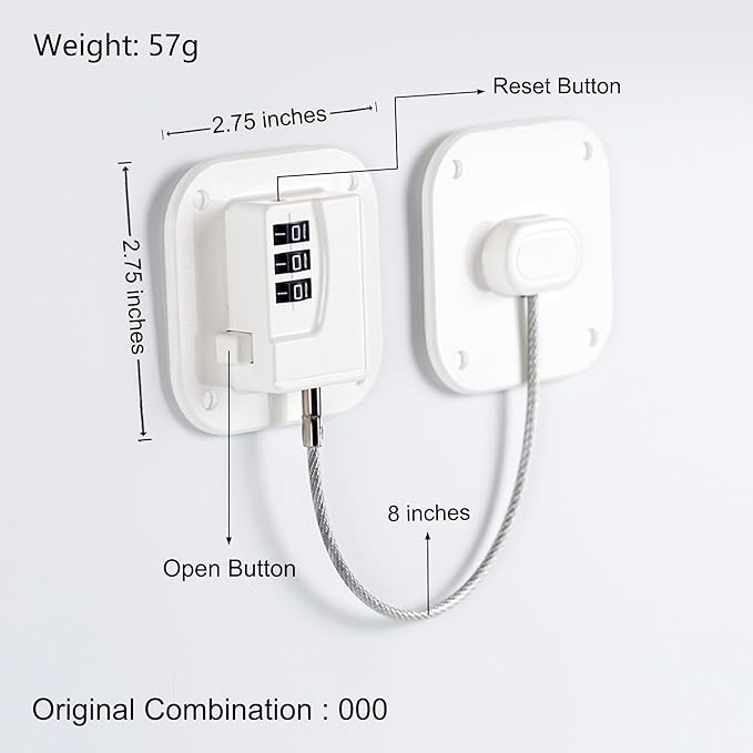 Refrigerator Lock, Heavy Duty Fridge Lock, Combination Lock for Refrigerator Cabinets, Drawers, Safety, Easy Install No Keys Needed (White-3Pack)