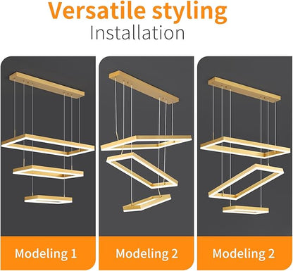Modern Chandeliers for Living Dining Room, 3-Ring Rectangular LED Chandelier Light Fixture with Remote Control Dimming, Hanging Pendant Light with Adjustable Height, Gold