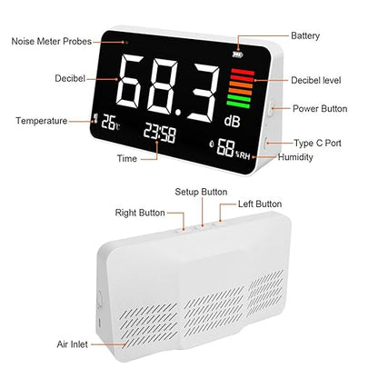 Digital Sound Level Meter 30-130dBA with Temperature Humidity Detection for Home School Library Desktop DM219N