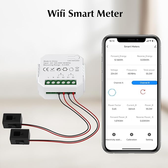 eMylo 2 Channel WiFi Power Meter 80A+80A Smart Power Monitor,Clamp Ammeter Power Monitor,2.4GHz WiFi,Real Time Monitoring,Smart Life/TUYA APP, Compatible with Alexa and Google Assistant