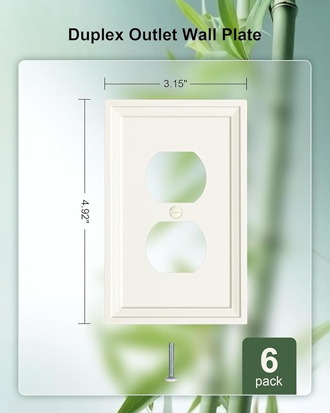 6-Pack Duplex Outlet Cover, Natural Bamboo Fiber Switch Plates and Outlet Covers, Light Almond Decorative Wall Plates for Electrical Outlets, 1 Gang Receptacle Cover, Corrosion Resistant