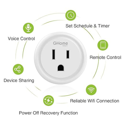 GHome Smart Plug Mini, WiFi Smart Outlet Plug Compatible with Alexa and Google Home, Timer Outlet with APP Control, Smart Plugs Only Supports 2.4GHz Network, No Hub Required, ETL FCC Listed, White