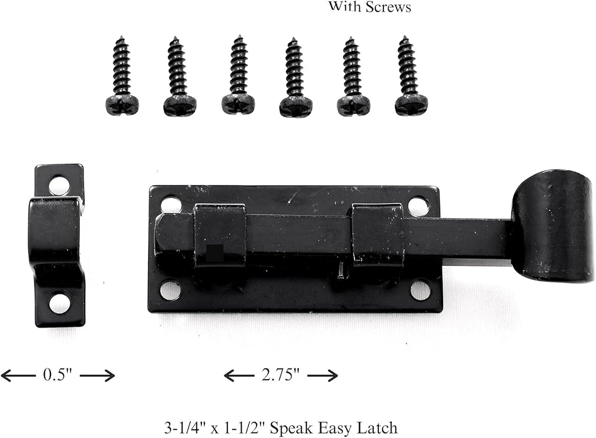 The Rustic Express, Speak-Easy Door Latch and Decorative Hinge Kit Includes 1 Speak-Easy Latch, 2 Butterfly Hinges and 12 Black mounting Screws, Size (Latch 3-1/4” x 1” x 1” Hinge 2” x 2-3/8”)