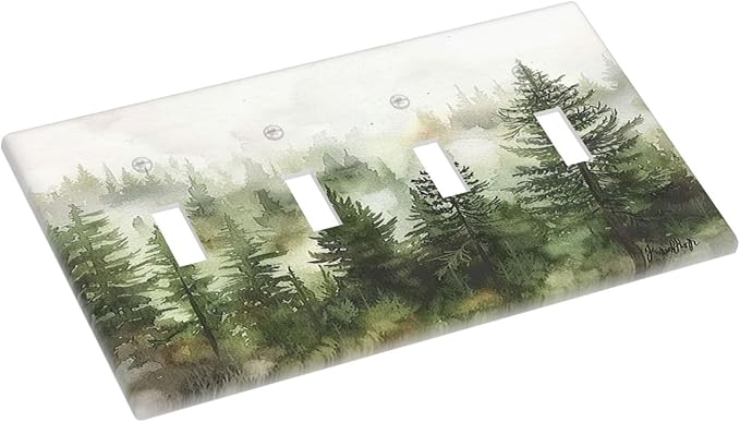Light Switch Covers Green Forest Watercolor Painting Foggy Pine Quad Toggle Electrical Faceplate 4 Gang Wall Plate Decorative Switch Plates for Bedroom living Room Decor