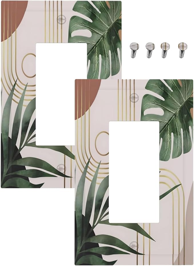 Decorative Outlet Covers Boho Mid Century Abstract Arch Green Leaves 1 Gang Rocker Light Switch Cover Plate Single Decora Light Switch Covers Wall Plate for Bedroom Decor （ 2 Pack）