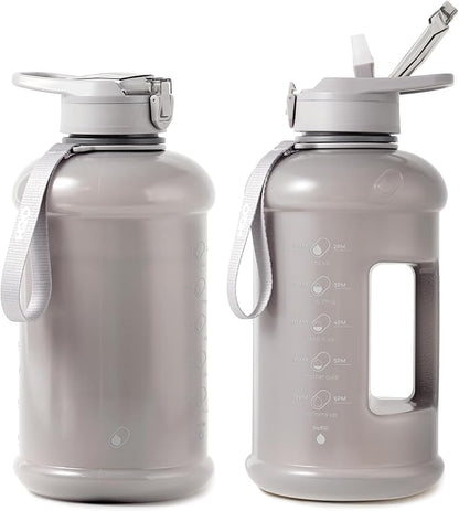 H2O Capsule INSPO Half Gallon Water Bottle with Time Marker and Straw Motivational Hydration Tracker Jug Big BPA-Free Food-Safe Leakproof Drinking Bottle Handle & Strap, Ash Gray