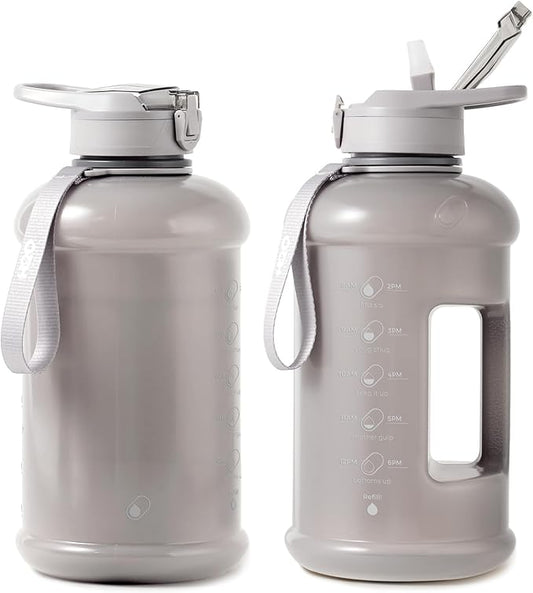 H2O Capsule INSPO Half Gallon Water Bottle with Time Marker and Straw Motivational Hydration Tracker Jug Big BPA-Free Food-Safe Leakproof Drinking Bottle Handle & Strap, Ash Gray