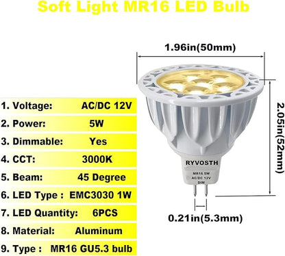 6-Pack MR16 Led Bulbs 5.5W Replace 35W 50W Halogen Equivalent,3000K Soft Warm White,12V Low Voltage MR16 GU5.3 Bulb Spotlights for Outdoor Landscape Flood Track Lighting, Dimmable