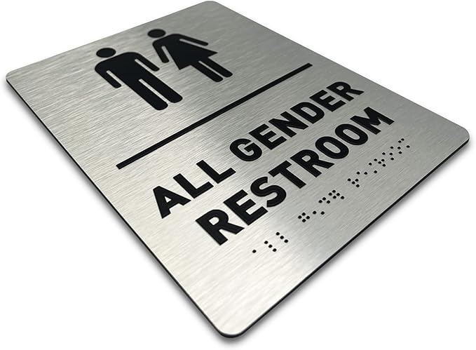 All Gender Bathroom Sign by GDS - ADA Compliant, Wheelchair Accessible, Raised Icons, & Grade 2 Braille - Includes Adhesive Strips for Easy Installation - All Gender Restroom Sign for Business, Bathroom Signs for Business, Restroom Signs - 6" W x 8" H ...
