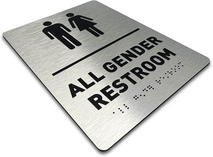 All Gender Bathroom Sign by GDS - ADA Compliant, Wheelchair Accessible, Raised Icons, & Grade 2 Braille - Includes Adhesive Strips for Easy Installation - All Gender Restroom Sign for Business, Bathroom Signs for Business, Restroom Signs - 6" W x 8" H ...