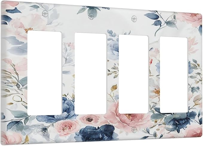 Elegant Watercolor Pink Blue Flowers Floral 4 Gang Wall Plates Outlet Covers Triple Rocker Light Switch Cover Plate Decorative Switch Plates GFCI Electrical Faceplate for Bathroom Bedroom 4.5 X 8 IN