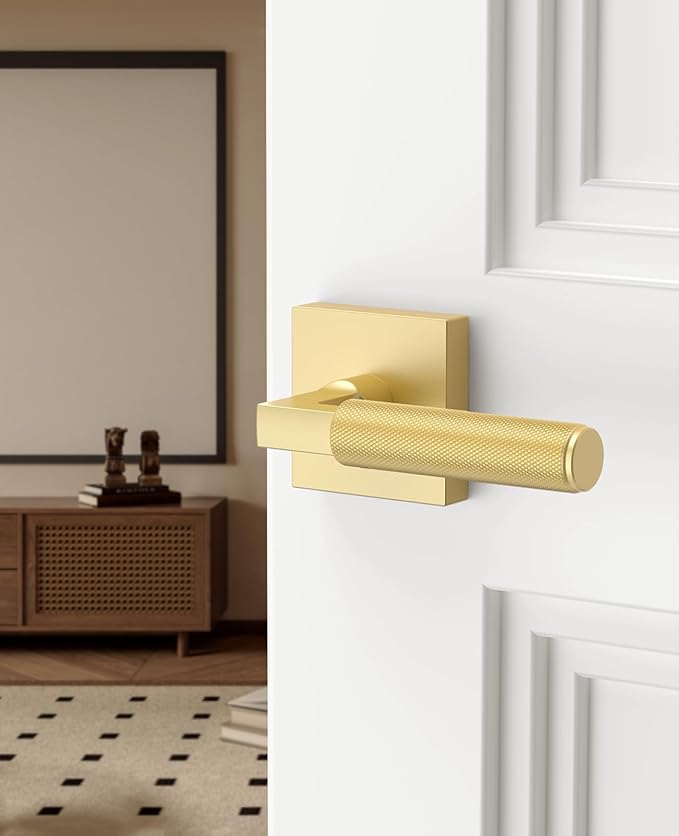 Asidrama 6 Pack Gold Passage Door Handles, Door Lever with Door Knobs Indoor for Bedroom or Bathroom, Heavy Duty Door Handles Interior with Locks for Left Right Sided Doors