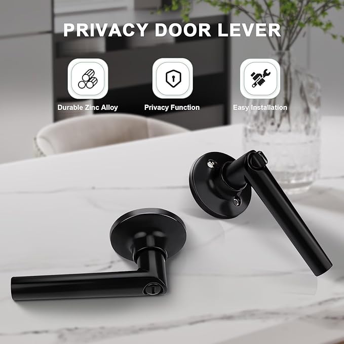 GOBEKOR 6 Pack Matte Black Door Handles Privacy Door Levers with Lock,Heavy Duty Interior Door Handles for Bedroom and Bathroom,Sleek Round Door Lever with No Key