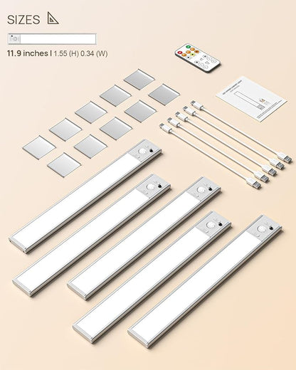 Under Cabinet Lights Wireless,11.9" Motion Sensor Light Indoor with Remote Control,2500mAh LED Rechargeable Battery Operated Closet Light,3 Color Temps,Under Counter Lights for Kitchen,Stairs,5 Pack