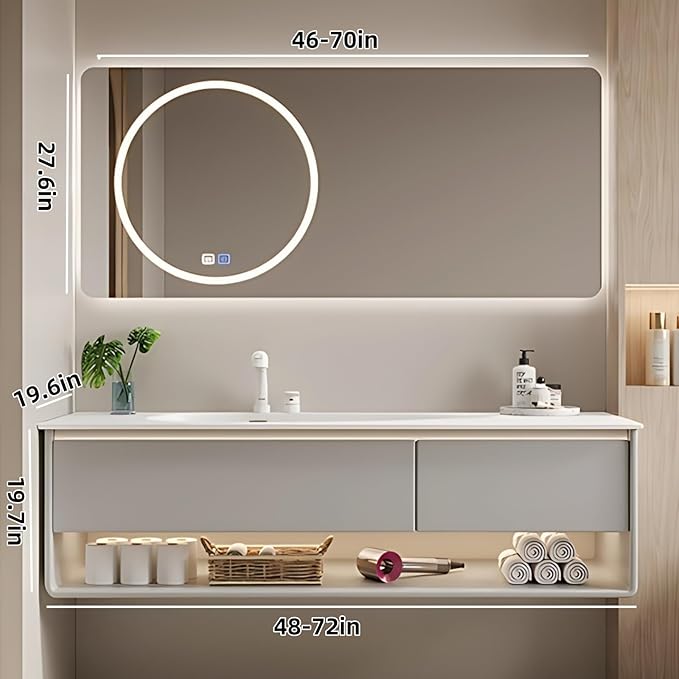 56IN Grey Bathroom Vanity Set - Floating Bathroom Vanity with Single Sink | Including LED Smart Defogging Mirror Cabinet & Time Display Function, Equipped with Motion Sensing Light Strip (Style B)