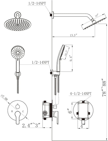 Shower Faucet Set 10IN Brass Rough-In Valve Body Trim Kit Rainfall Included Handle Accessories Complete 2 Functions with Rain Head and Handheld Bathroom Systems (10'', Matte Black)